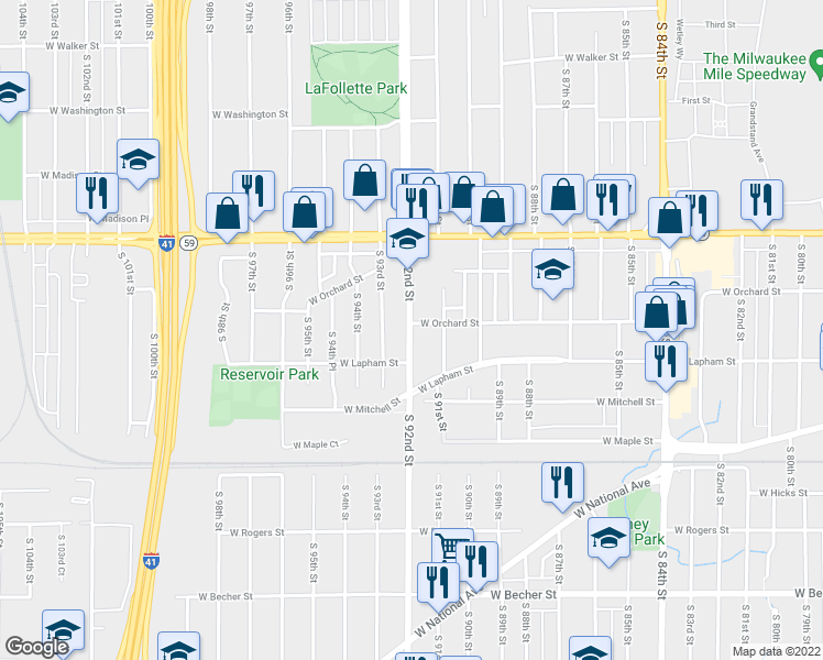 map of restaurants, bars, coffee shops, grocery stores, and more near 1504 South 92nd Street in West Allis