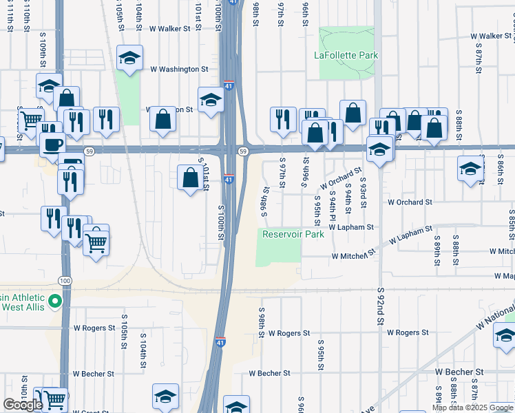 map of restaurants, bars, coffee shops, grocery stores, and more near 1491 South 98th Street in Milwaukee