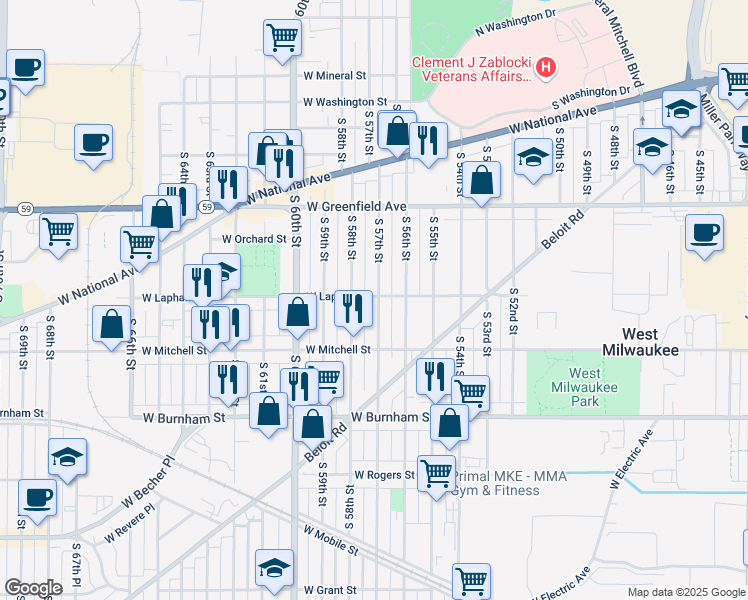 map of restaurants, bars, coffee shops, grocery stores, and more near 1605 South 57th Street in West Allis