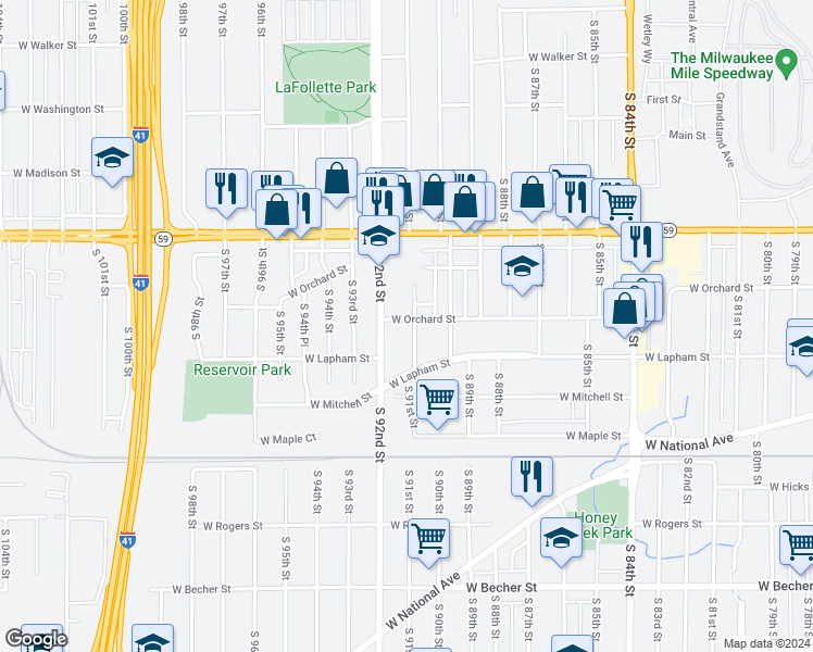 map of restaurants, bars, coffee shops, grocery stores, and more near 1505 South 91st Street in West Allis