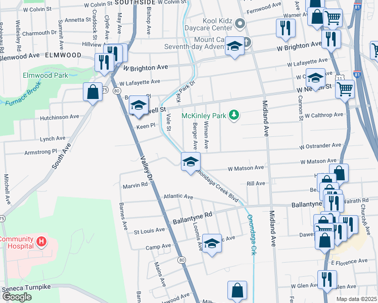 map of restaurants, bars, coffee shops, grocery stores, and more near 191 Baldwin Avenue in Syracuse