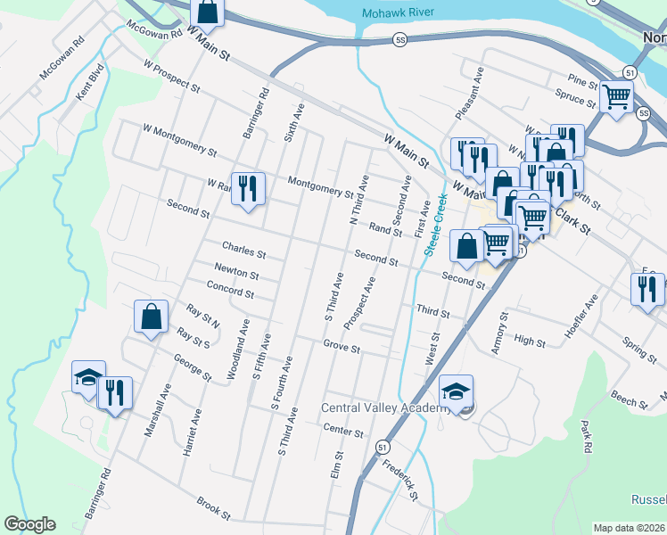 map of restaurants, bars, coffee shops, grocery stores, and more near 14 South Third Avenue in Ilion