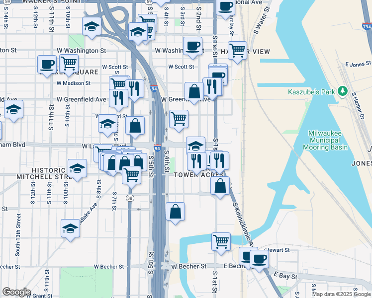 map of restaurants, bars, coffee shops, grocery stores, and more near 1616 South 3rd Street in Milwaukee