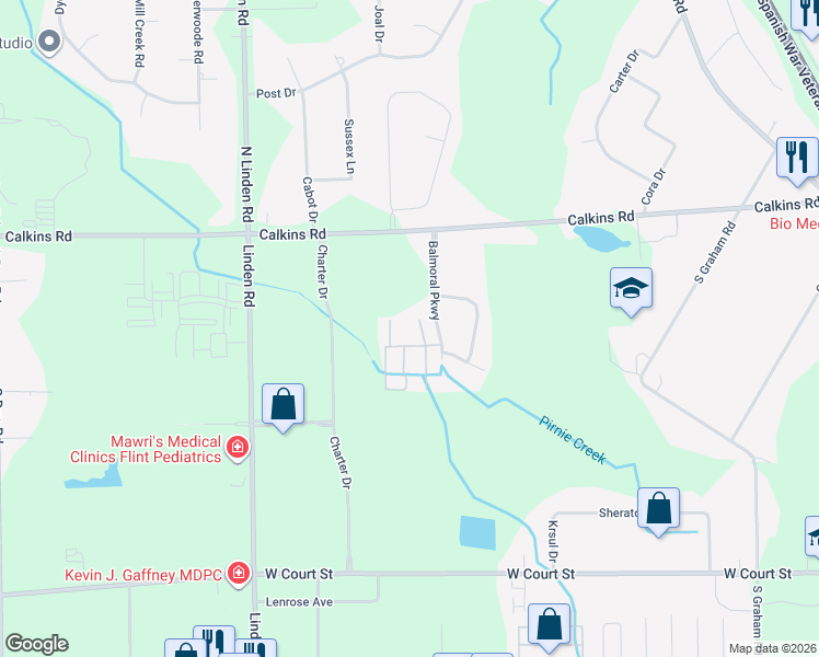 map of restaurants, bars, coffee shops, grocery stores, and more near 1022 Balmoral Parkway in Flint