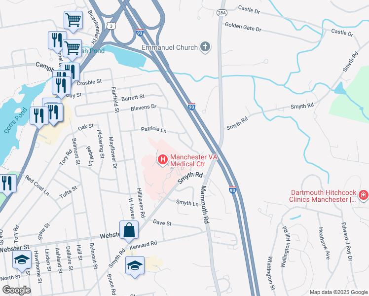 map of restaurants, bars, coffee shops, grocery stores, and more near 53 Holmes Drive in Manchester
