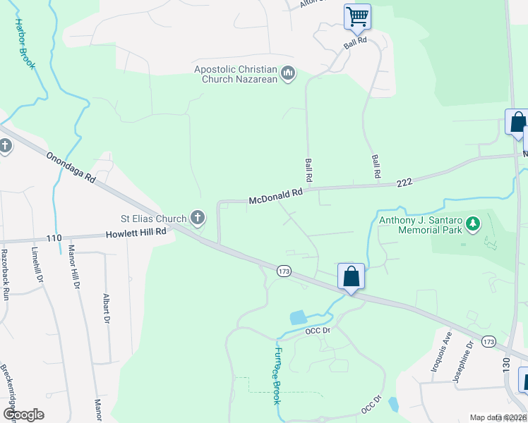 map of restaurants, bars, coffee shops, grocery stores, and more near 4574 McDonald Road in Syracuse