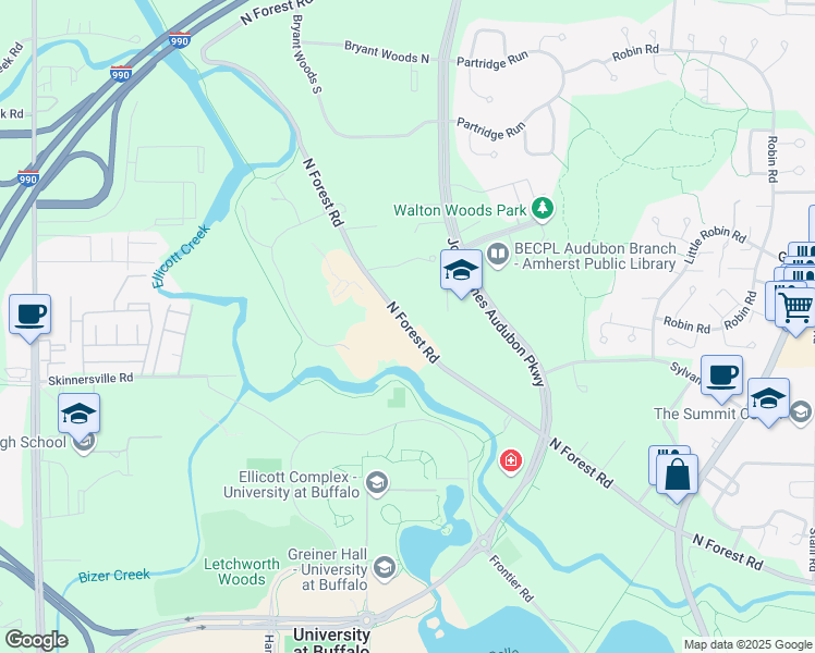 map of restaurants, bars, coffee shops, grocery stores, and more near 2640-2670 North Forest Road in Getzville