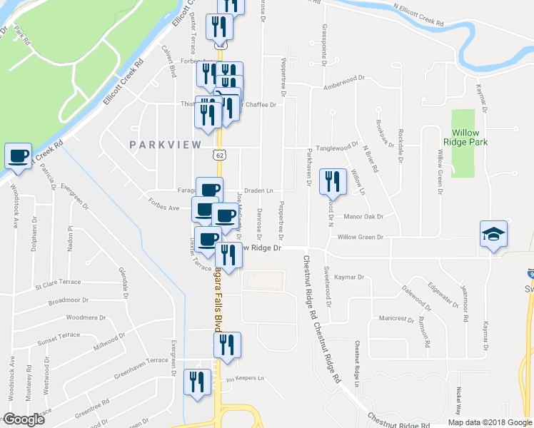 map of restaurants, bars, coffee shops, grocery stores, and more near 66 Peppertree Drive in Buffalo