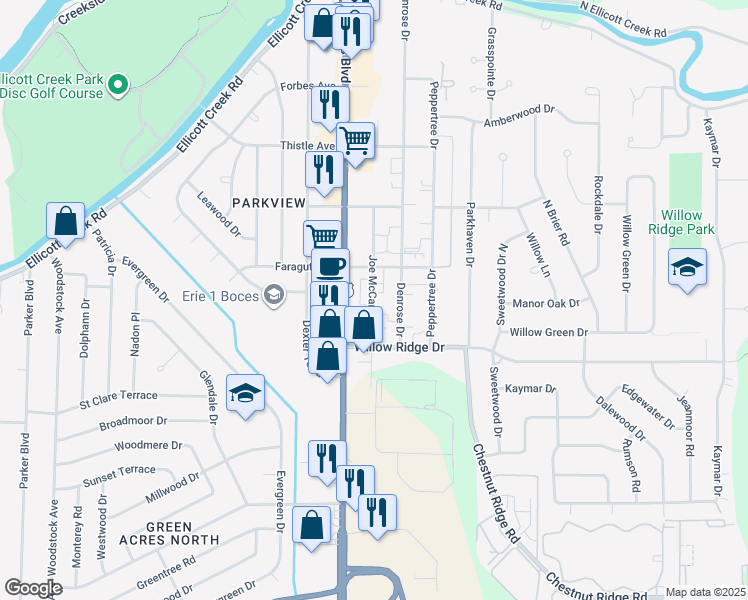 map of restaurants, bars, coffee shops, grocery stores, and more near 396 Joe McCarthy Drive in Buffalo