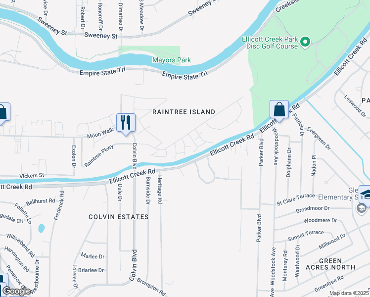 map of restaurants, bars, coffee shops, grocery stores, and more near 101 Paradise Lane in Tonawanda