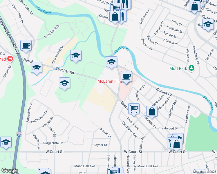 map of restaurants, bars, coffee shops, grocery stores, and more near 3935 Beecher Rd in Flint