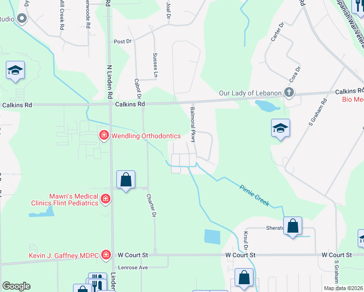 map of restaurants, bars, coffee shops, grocery stores, and more near 1022 Balmoral Parkway in Flint