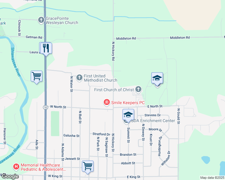map of restaurants, bars, coffee shops, grocery stores, and more near 485 Velma Drive in Owosso