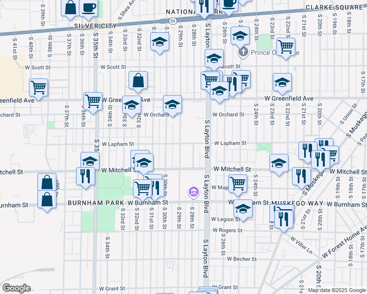 map of restaurants, bars, coffee shops, grocery stores, and more near 2807 West Lapham Street in Milwaukee