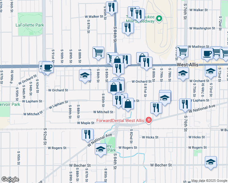 map of restaurants, bars, coffee shops, grocery stores, and more near 1511 South 84th Street in West Allis