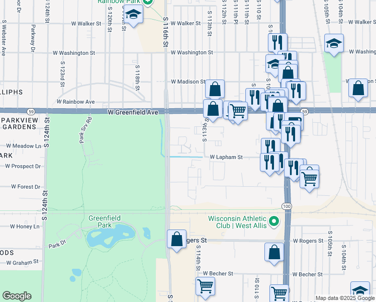 map of restaurants, bars, coffee shops, grocery stores, and more near 15 South 113th Street in West Allis
