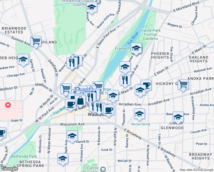 map of restaurants, bars, coffee shops, grocery stores, and more near 927 North Barstow Street in Waukesha