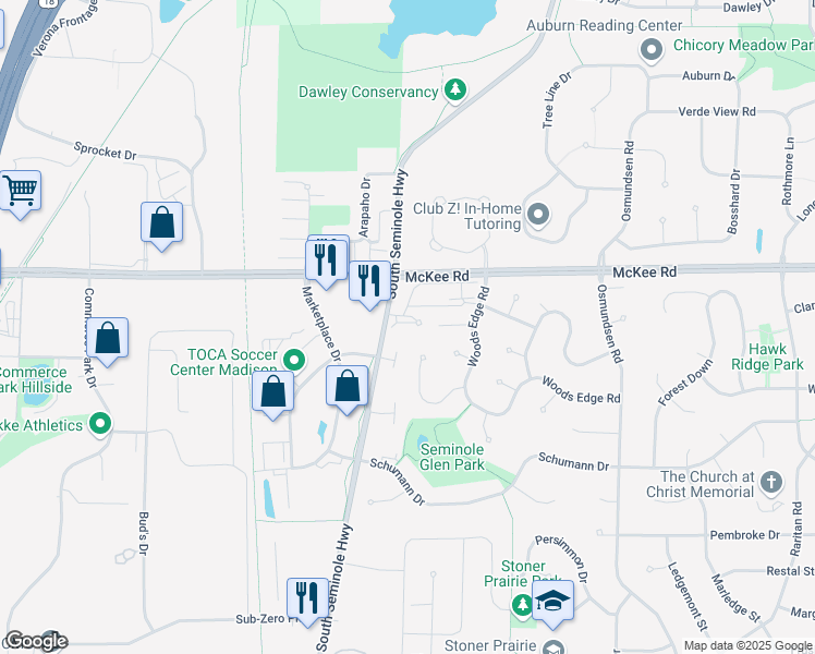 map of restaurants, bars, coffee shops, grocery stores, and more near 5939 Seminole Centre Court in Fitchburg