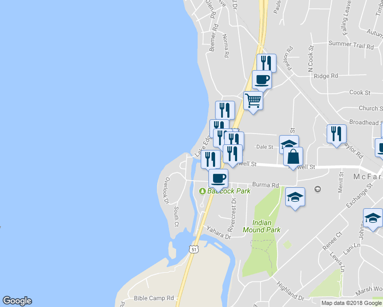 map of restaurants, bars, coffee shops, grocery stores, and more near 5916 Lake Edge Road in McFarland