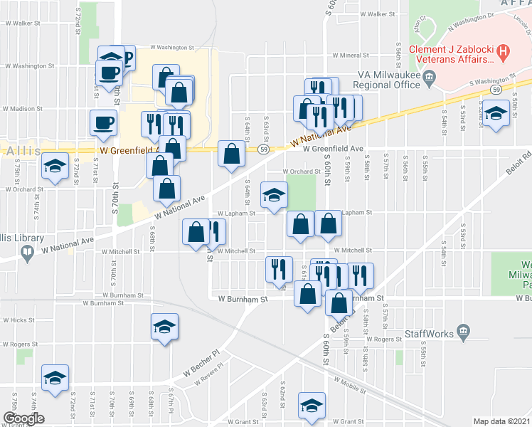 map of restaurants, bars, coffee shops, grocery stores, and more near W Lapham St & S 63rd St in West Allis