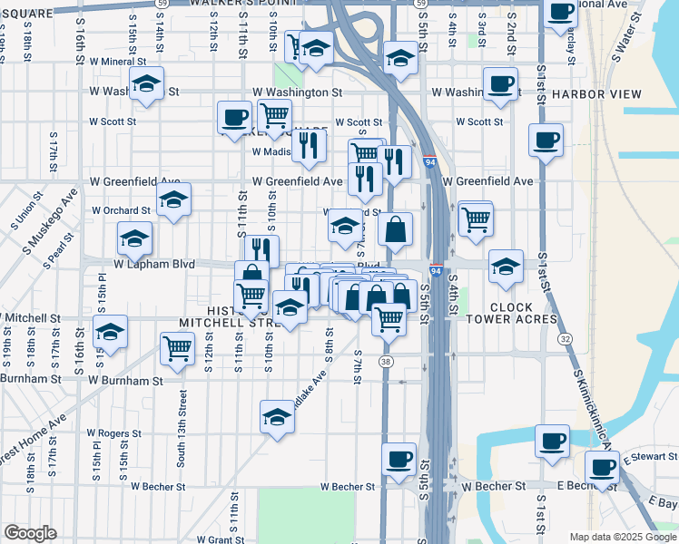 map of restaurants, bars, coffee shops, grocery stores, and more near 725 West Lapham Boulevard in Milwaukee