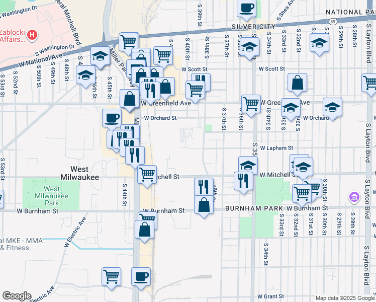 map of restaurants, bars, coffee shops, grocery stores, and more near 1603B South 38th Street in Milwaukee