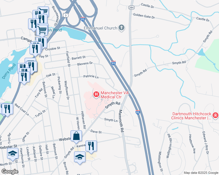 map of restaurants, bars, coffee shops, grocery stores, and more near 53 Holmes Drive in Manchester