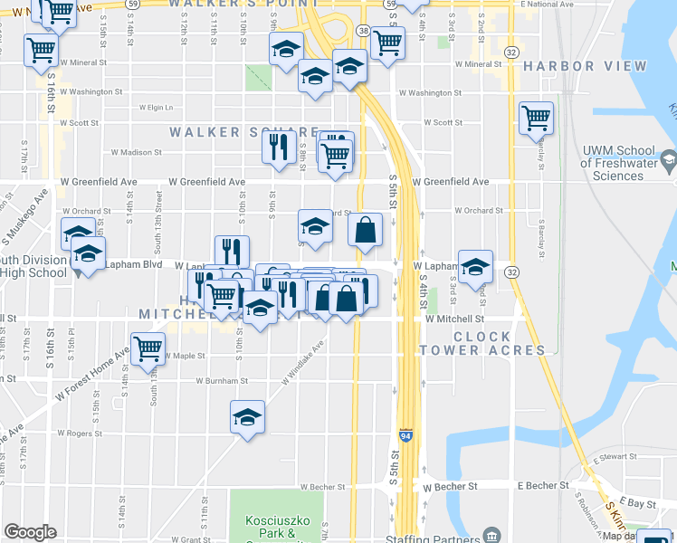 map of restaurants, bars, coffee shops, grocery stores, and more near 1610 South 7th Street in Milwaukee