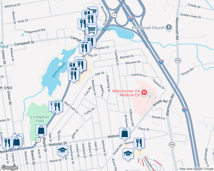 map of restaurants, bars, coffee shops, grocery stores, and more near 438 Pickering Street in Manchester