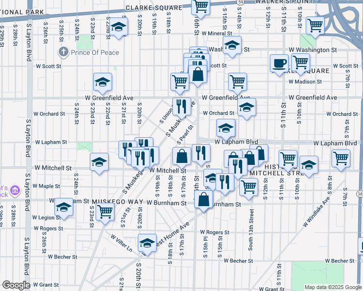 map of restaurants, bars, coffee shops, grocery stores, and more near 1707A West Lapham Street in Milwaukee