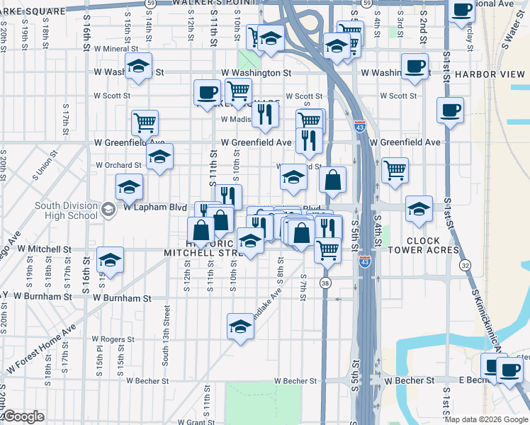 map of restaurants, bars, coffee shops, grocery stores, and more near 1608 S 9th St in Milwaukee