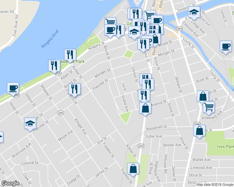 map of restaurants, bars, coffee shops, grocery stores, and more near 160 Bouck Street in Tonawanda