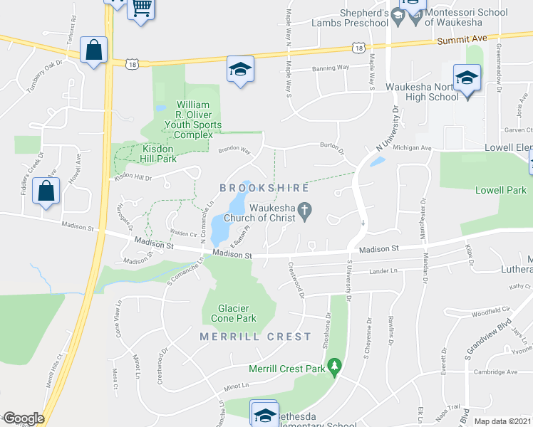 map of restaurants, bars, coffee shops, grocery stores, and more near 115 East Sutton Place in Waukesha