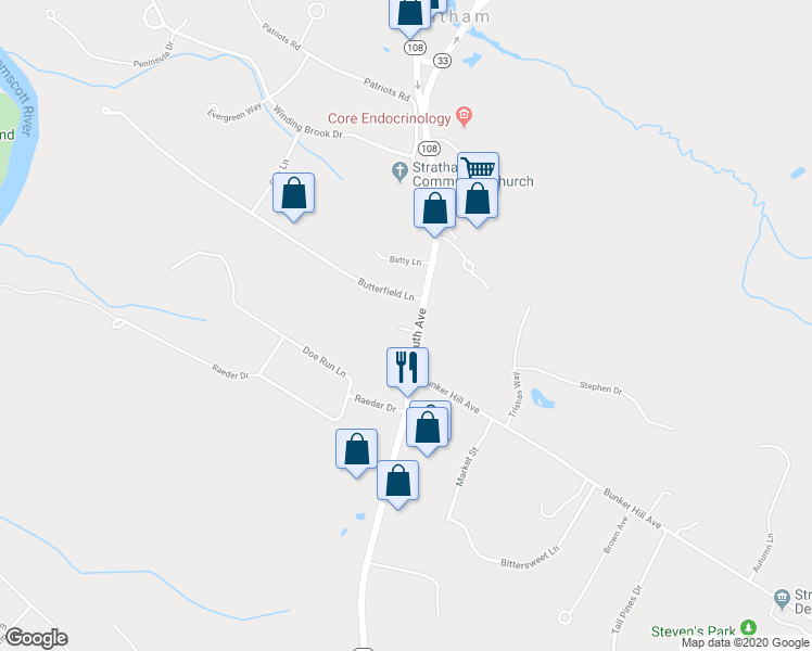 map of restaurants, bars, coffee shops, grocery stores, and more near 91 Portsmouth Avenue in Stratham