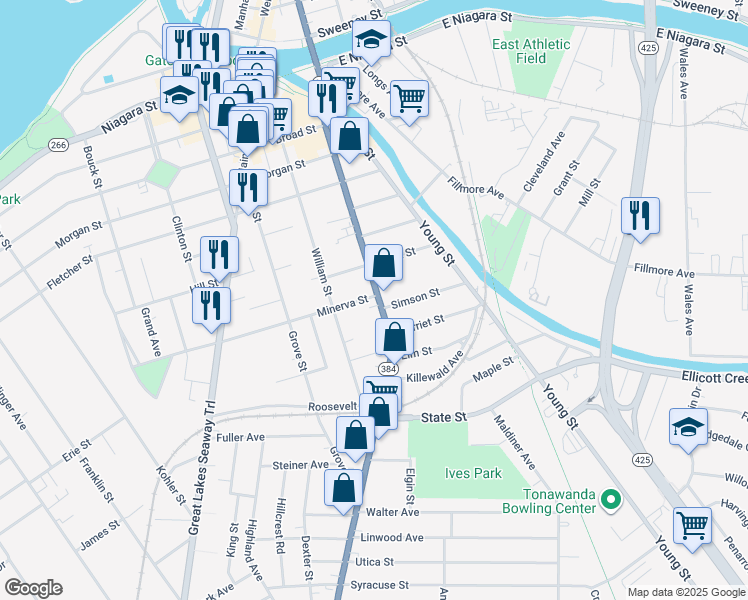 map of restaurants, bars, coffee shops, grocery stores, and more near 190 Delaware Street in Tonawanda