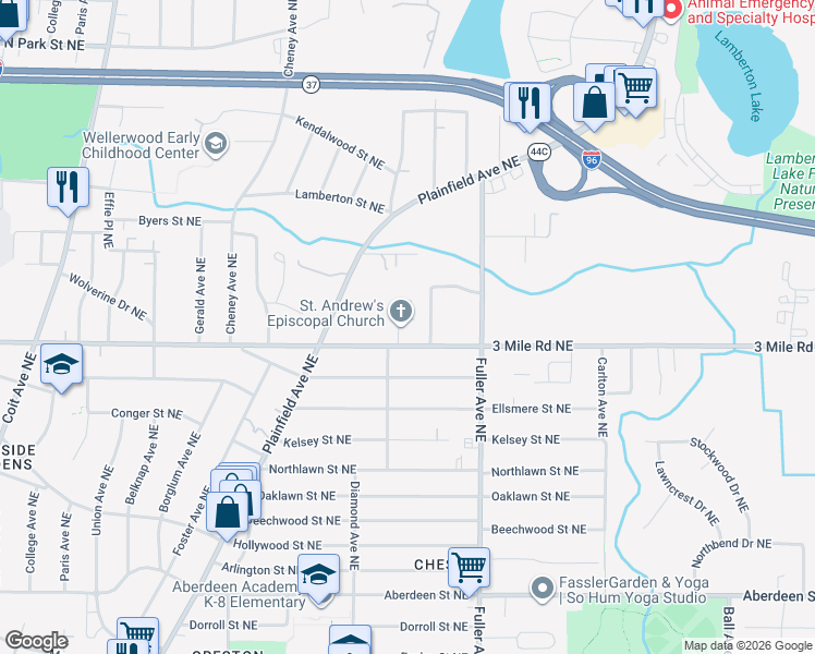 map of restaurants, bars, coffee shops, grocery stores, and more near 1025 3 Mile Road Northeast in Grand Rapids