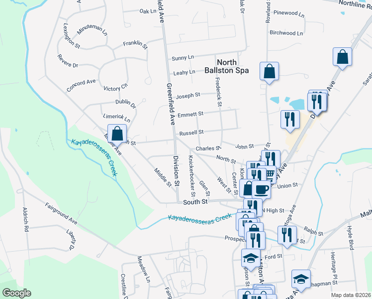 map of restaurants, bars, coffee shops, grocery stores, and more near 105 West North Street in Ballston Spa