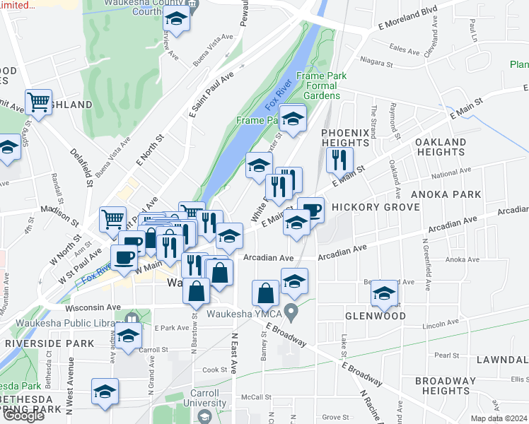 map of restaurants, bars, coffee shops, grocery stores, and more near 1037 White Rock Avenue in Waukesha