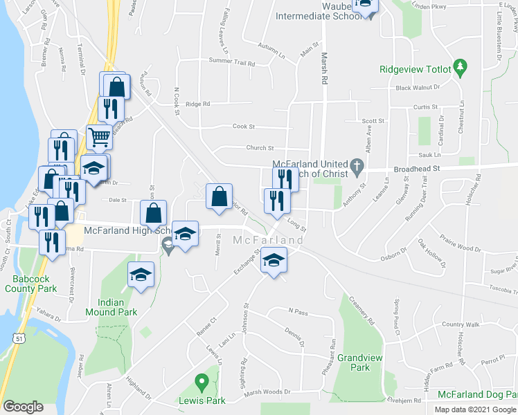 map of restaurants, bars, coffee shops, grocery stores, and more near 5303 Long Street in McFarland