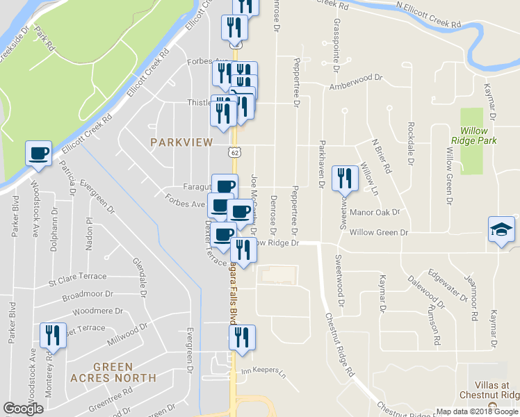 map of restaurants, bars, coffee shops, grocery stores, and more near 396 Joe McCarthy Drive in Buffalo