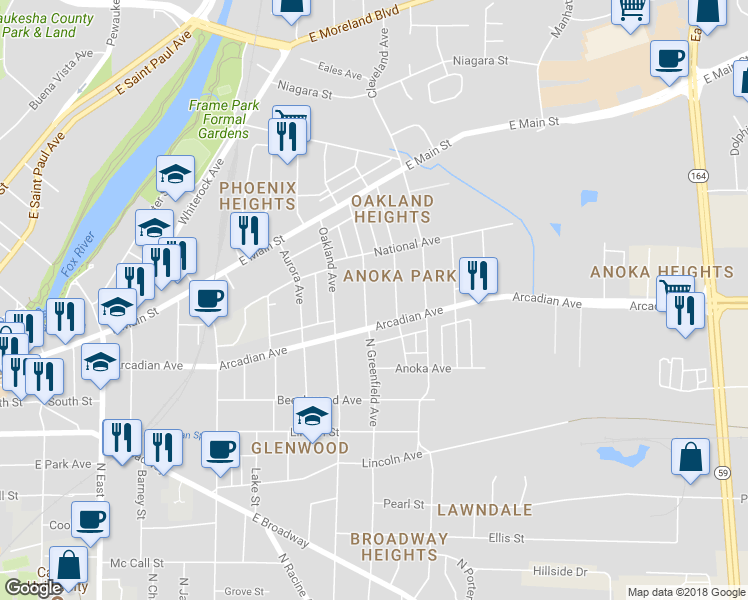 map of restaurants, bars, coffee shops, grocery stores, and more near 921 North Greenfield Avenue in Waukesha