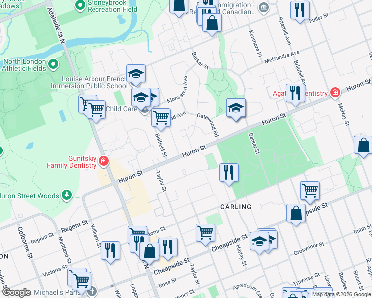 map of restaurants, bars, coffee shops, grocery stores, and more near 750 Huron Street in London