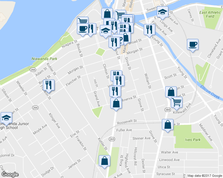 map of restaurants, bars, coffee shops, grocery stores, and more near 27 Hill Street in Tonawanda