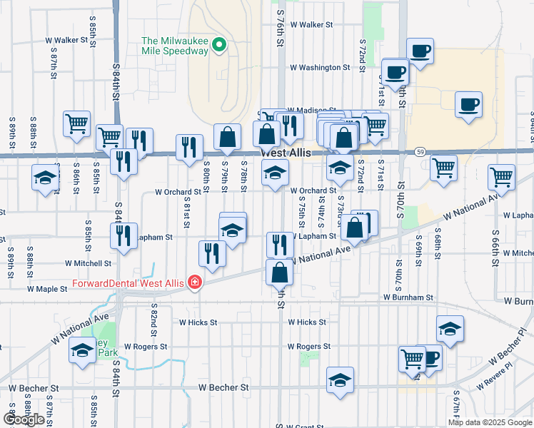 map of restaurants, bars, coffee shops, grocery stores, and more near 1542 South 77th Street in West Allis