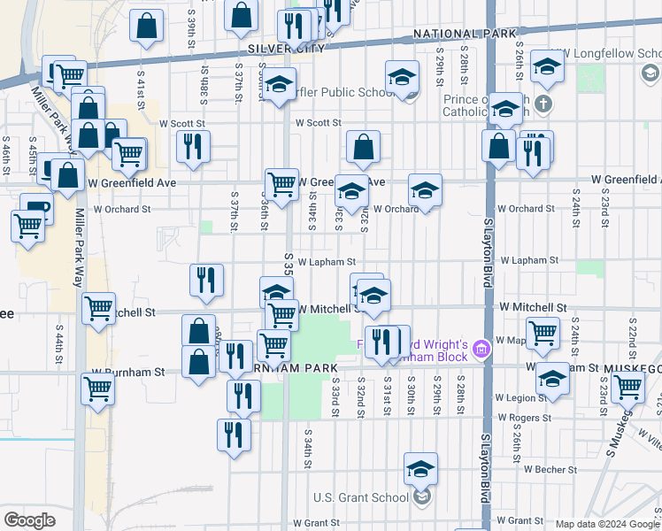 map of restaurants, bars, coffee shops, grocery stores, and more near 1603 South 33rd Street in Milwaukee