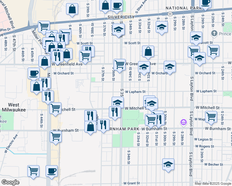 map of restaurants, bars, coffee shops, grocery stores, and more near 3525 West Lapham Street in Milwaukee