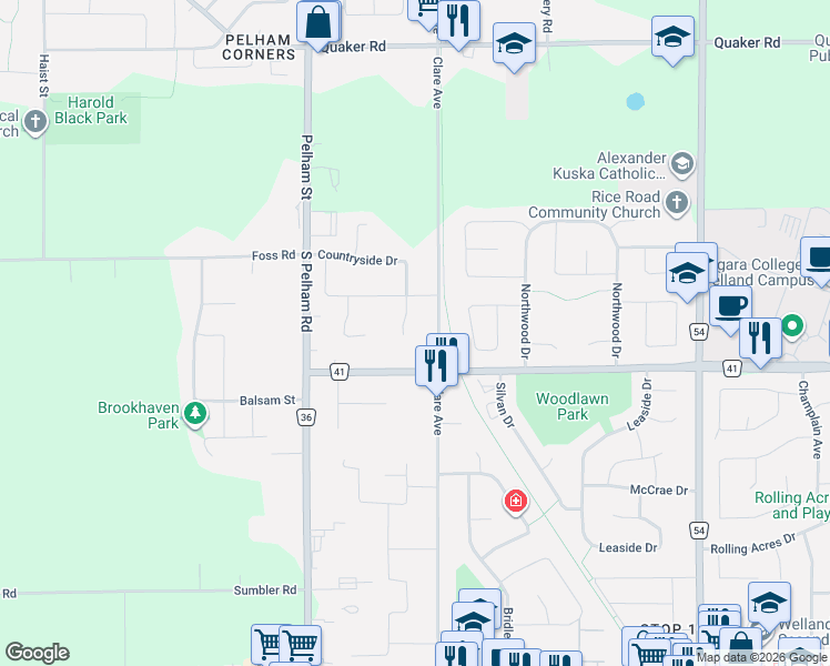 map of restaurants, bars, coffee shops, grocery stores, and more near 19 Stoneybrook Crescent in Welland