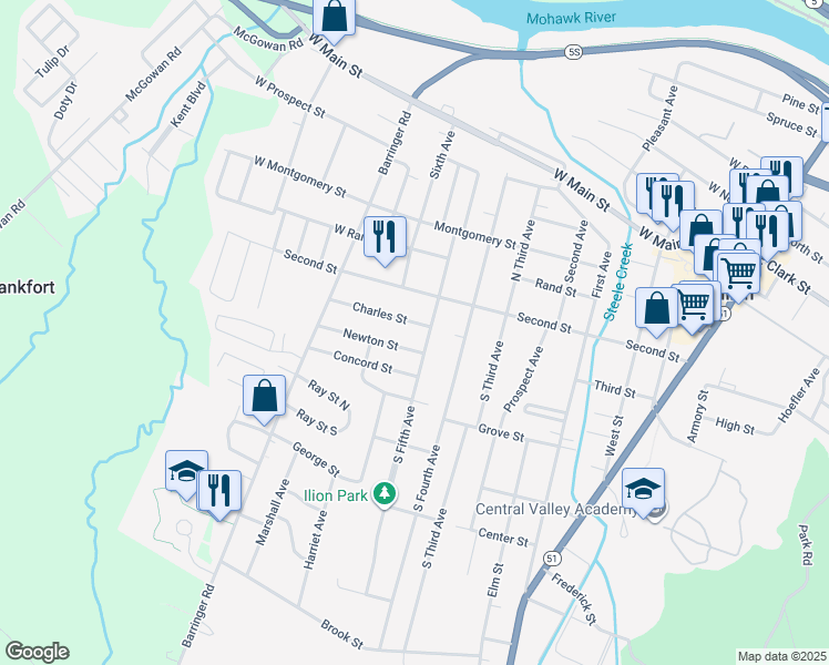 map of restaurants, bars, coffee shops, grocery stores, and more near 11 Charles St in Ilion