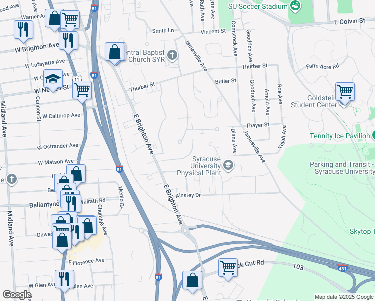 map of restaurants, bars, coffee shops, grocery stores, and more near 119 Newbury Hollow Lane in Syracuse