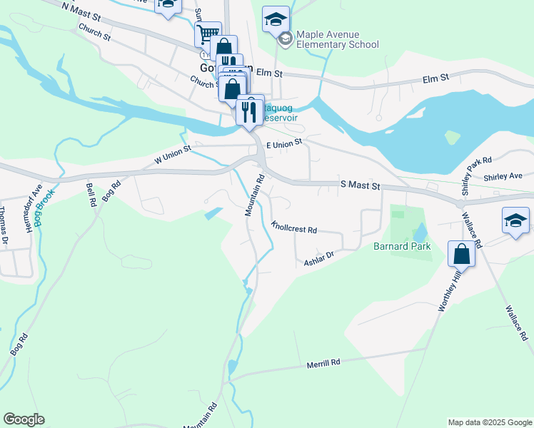 map of restaurants, bars, coffee shops, grocery stores, and more near 18 Knollcrest Road in Goffstown